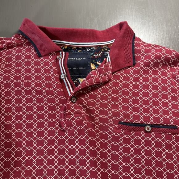 Denim And Flower Ricky Singh Red Patterned Polo 100% Cotton L - Picture 3 of 13